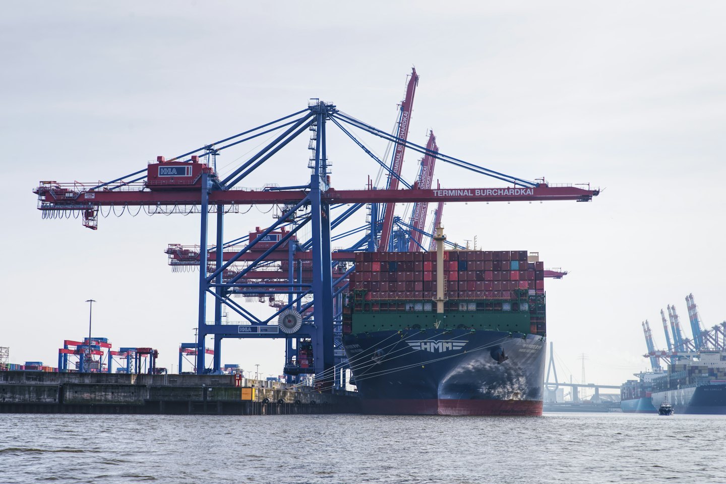 Container ship docked at port with gantry cranes working.